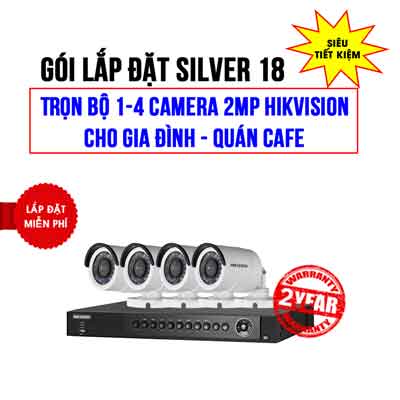 Trọn bộ 1-4 camera 2MP HIKVISION cho Gia đình - Quán cafe (Gói Silver 18)